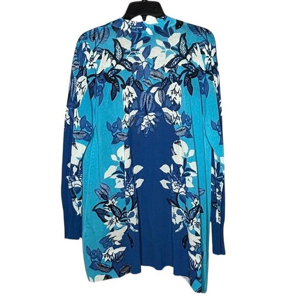 Chico's Blue & White Floral Open Front Long Sleeve Midi Cardigan Size Large New - Picture 2 of 12